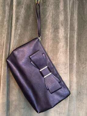 Betsey Johnson Black Saffiano Leather Bow Wristlet Clutch with Rose Floral Linin